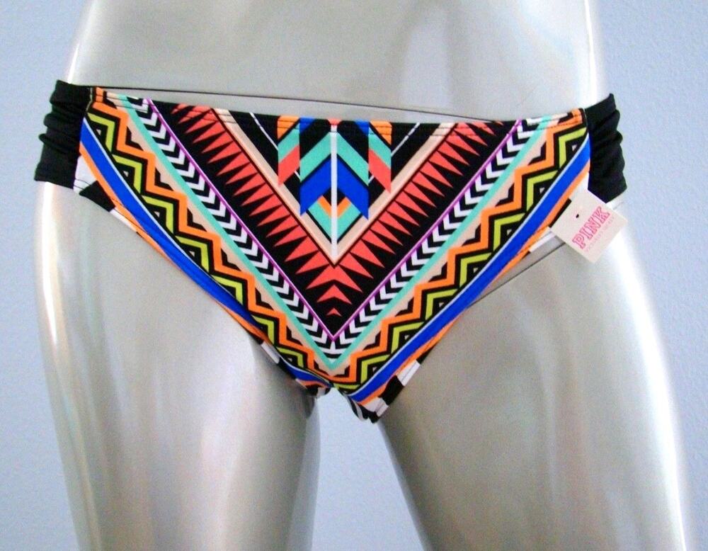 PINK Victoria' Secret Geo Print Black Chevron Side Ruched Mini Bikini Bottom